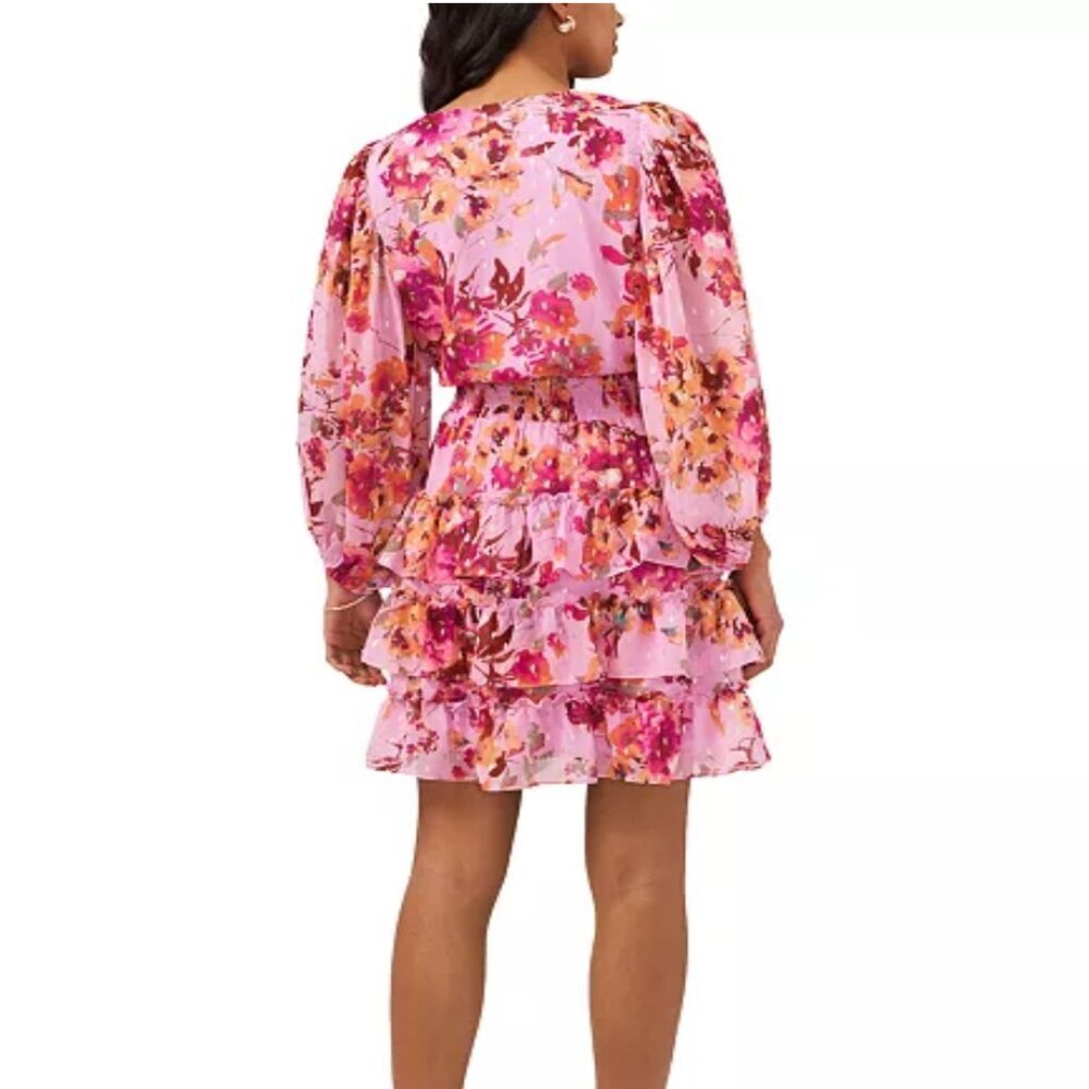 MSK Pink Floral Smocked Waist Tiered Mini Dress, Size Medium - Picture 2 of 16